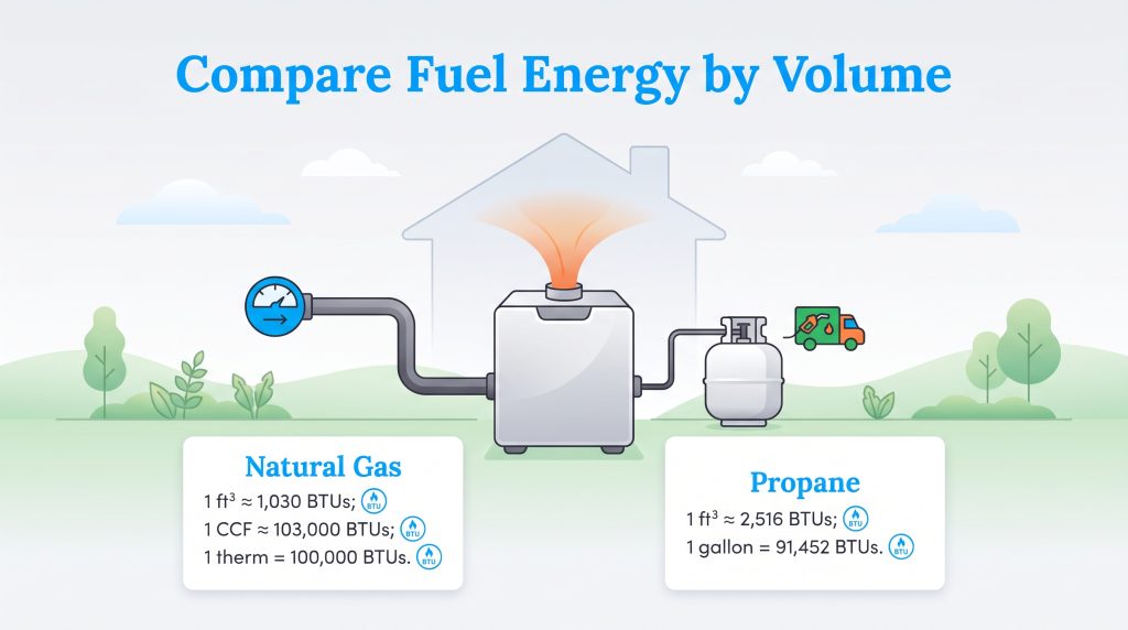 Diagram comparing natural gas and propane BTU energy density values for home heating.