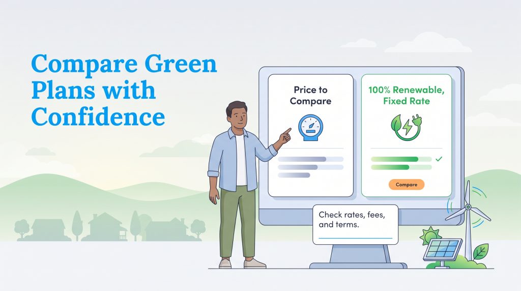 A man pointing at a screen displaying utility price comparison and renewable energy options.