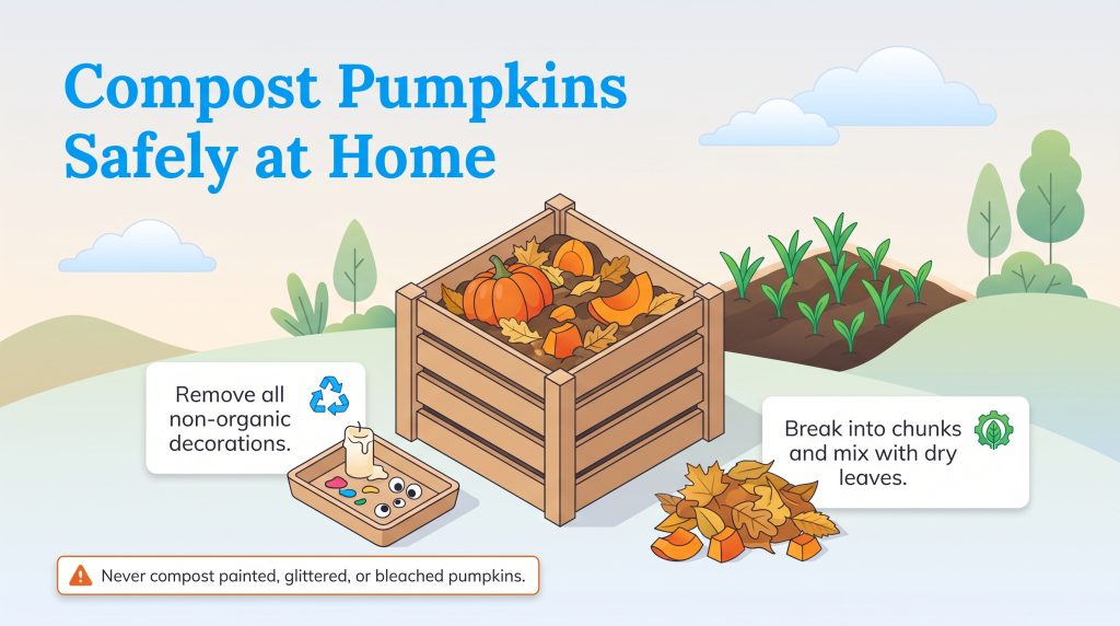 Illustration of a wooden compost bin filled with pumpkin chunks and leaves beside a garden bed.