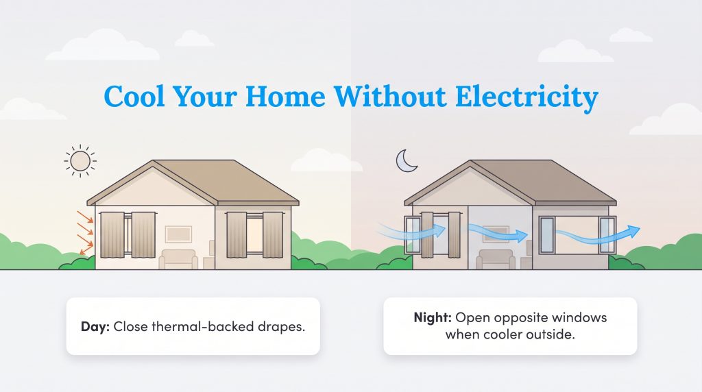 Graphic showing how to cool a house by closing drapes by day and opening windows at night
