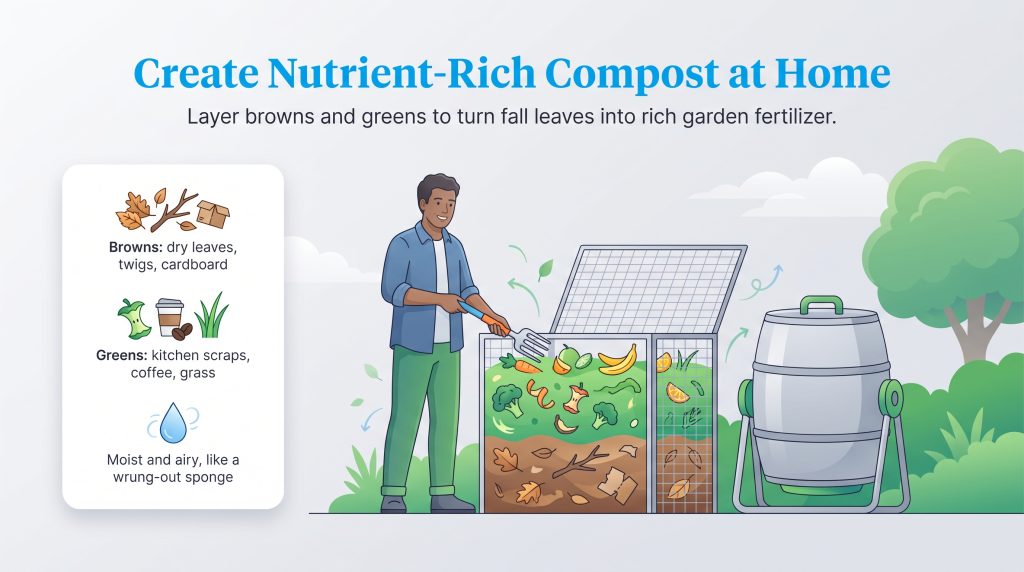 Illustration of a man mixing a backyard compost bin with layers of organic waste