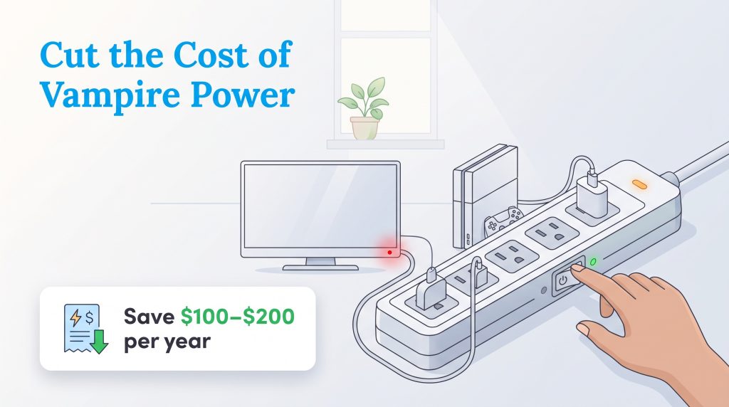 Illustration of a hand switching off a power strip plugged with home electronics