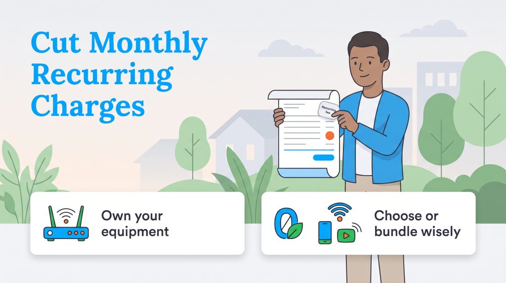 Illustration of a man examining a bill with tips to cut monthly recurring charges.