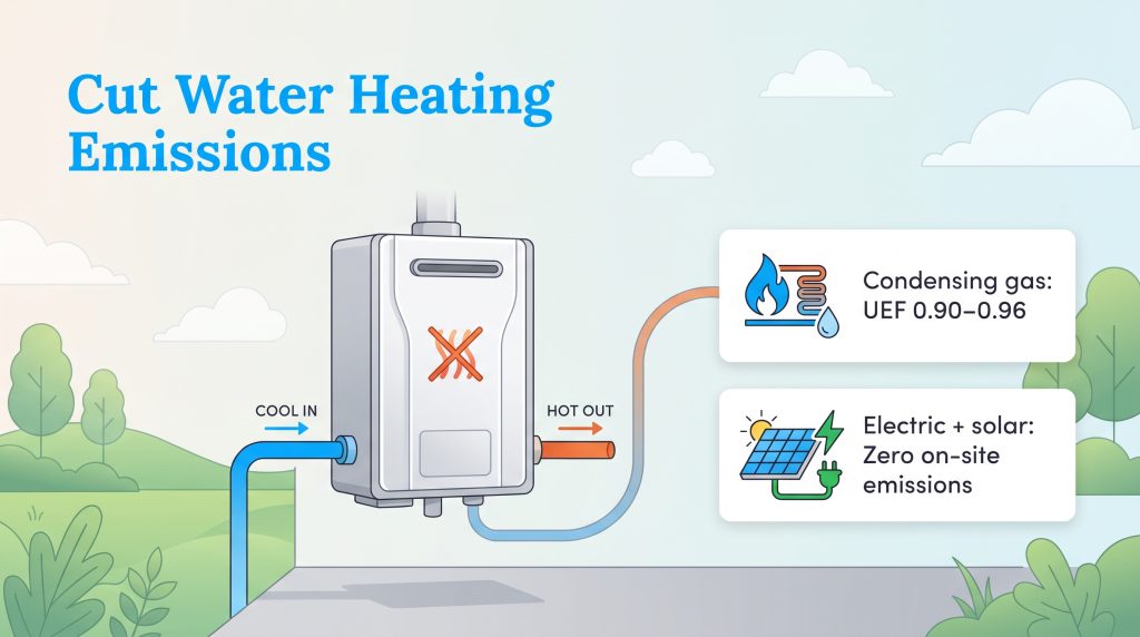 Diagram of a tankless water heater showing lower emissions with condensing gas and solar power.