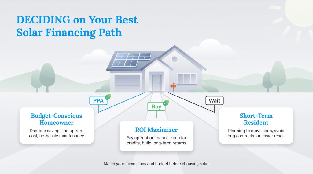Diagram matching homeowner profiles to PPA, buying, or waiting options for solar financing.