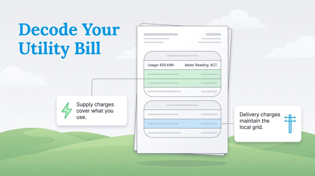 Illustration breaking down supply and delivery charges on a sample utility statement.