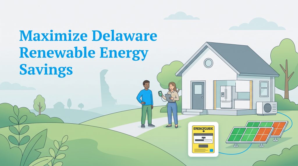 Illustration of a home energy assessment with solar panels in Delaware.