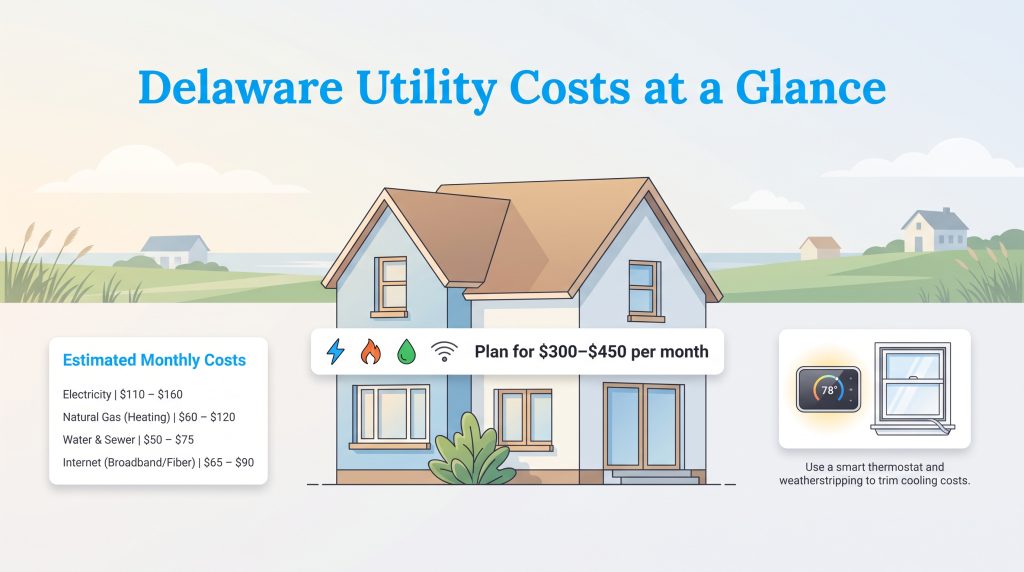 Delaware monthly utility costs breakdown showing estimated expenses from 300 to 450 dollars.