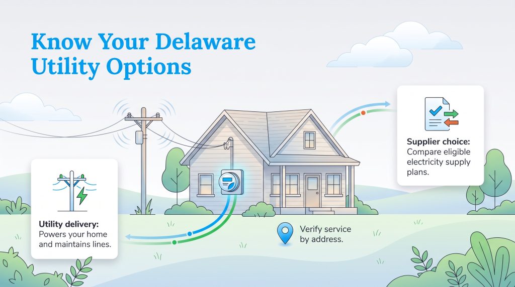 Illustration showing Delaware utility delivery and supplier choice for residential homes.