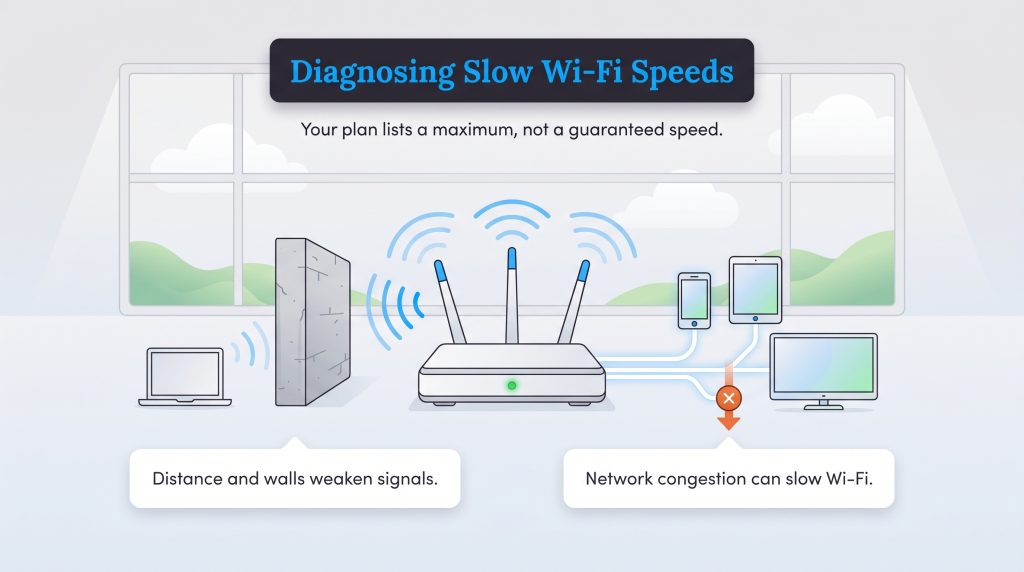 Illustration of how walls, distance, and network congestion slow down Wi-Fi signals.
