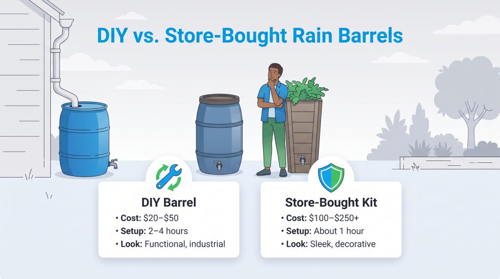 Comparison chart of DIY vs store bought rain barrels showing cost, setup, and look