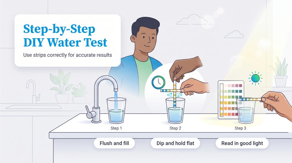 Steps to use a water test strip: flush and fill, dip and hold flat, and read in good light