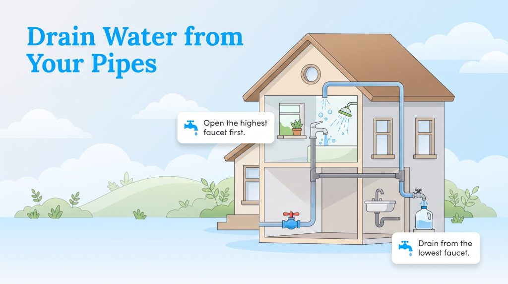 Diagram showing how to drain household pipes starting from the highest to the lowest faucet.