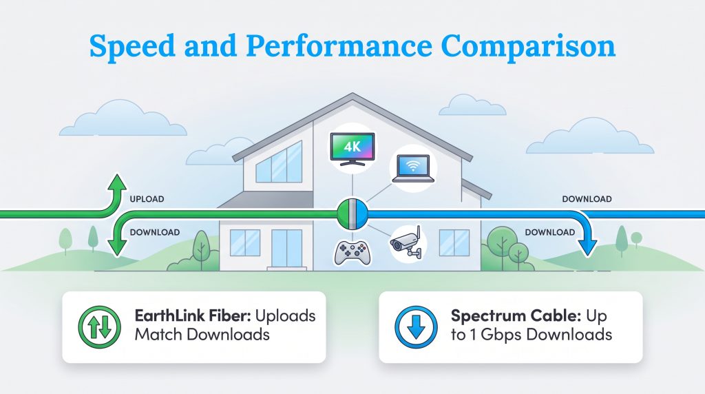 Illustration comparing EarthLink Fiber symmetrical speeds with Spectrum Cable download speeds.