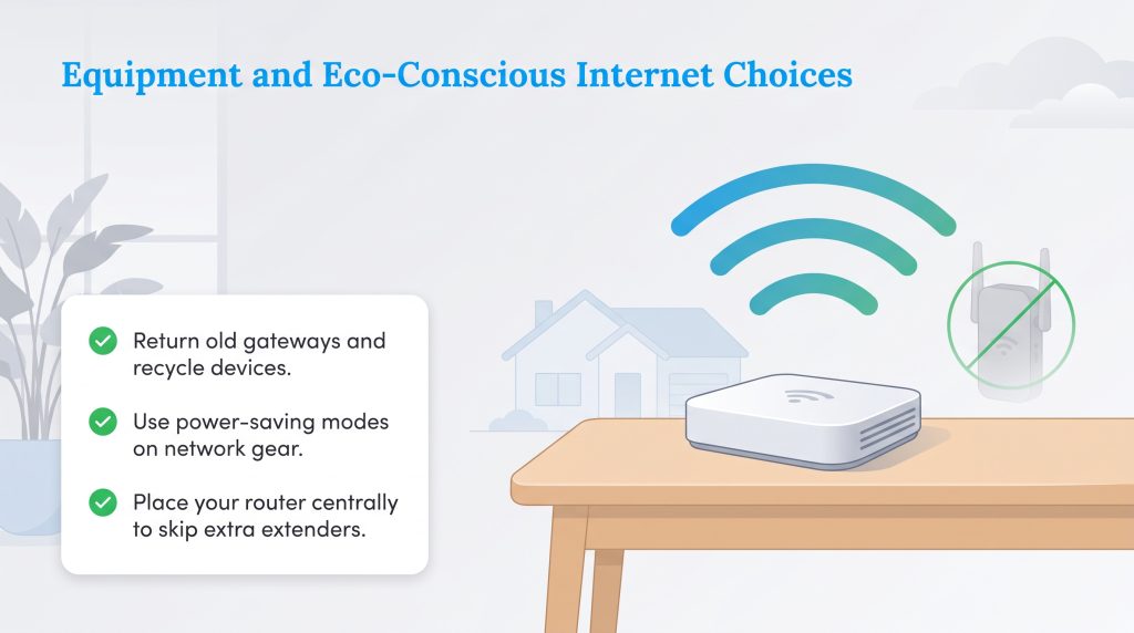 Checklist for eco-friendly internet next to a router and a crossed-out Wi-Fi extender.