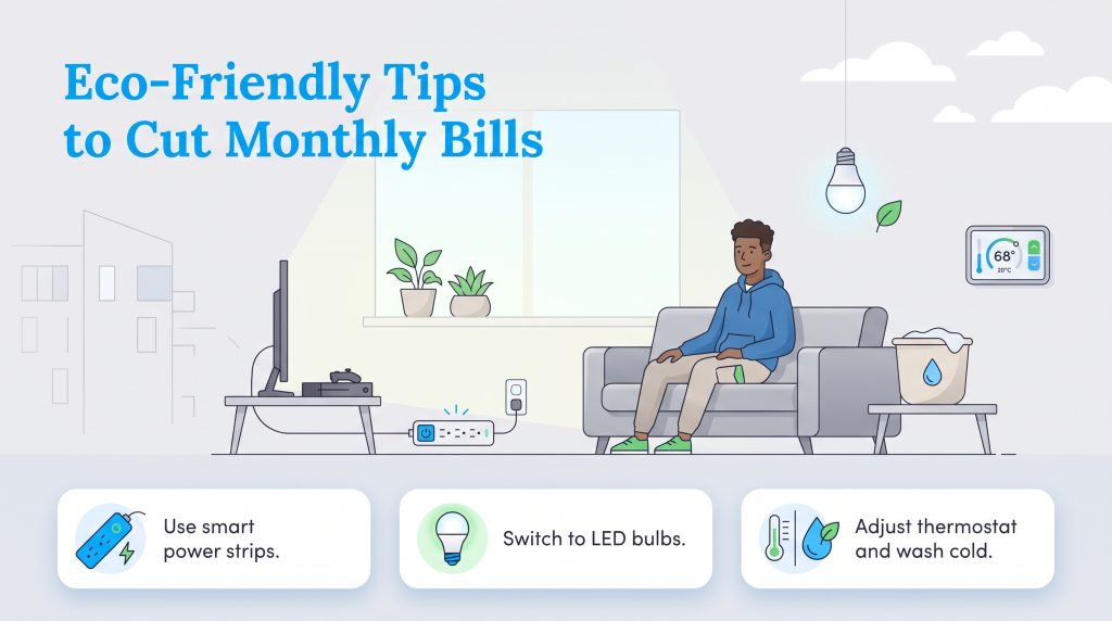 Illustration of a living room highlighting smart power strips, LED bulbs, and energy tips.
