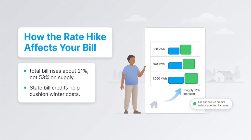 Infographic showing how seasonal rate hikes and state credits impact monthly electric bills.