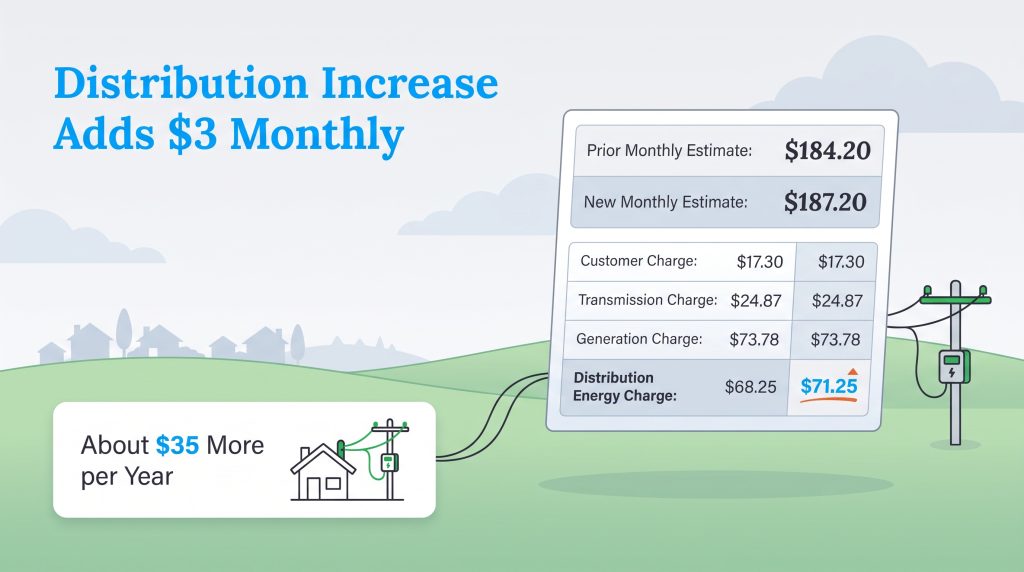 Breakdown showing a 3 dollar monthly increase in distribution charges on an electric bill.