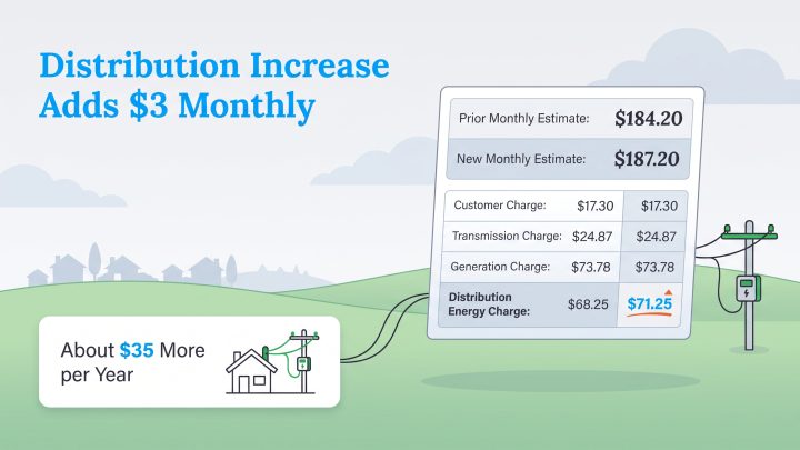 Breakdown showing a 3 dollar monthly increase in distribution charges on an electric bill.