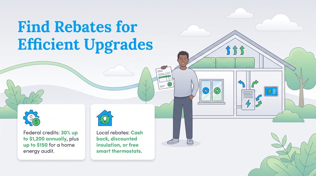 Man holding rebate paper beside a home cutaway showing energy-efficient upgrades and credits.