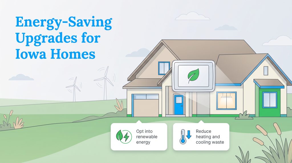 Illustration of an energy-efficient home in Iowa with wind turbines and a smart thermostat.