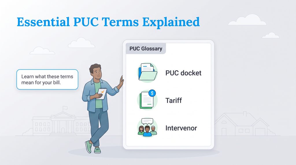 Illustrated guide listing key PUC terms including docket, tariff, and intervenor.