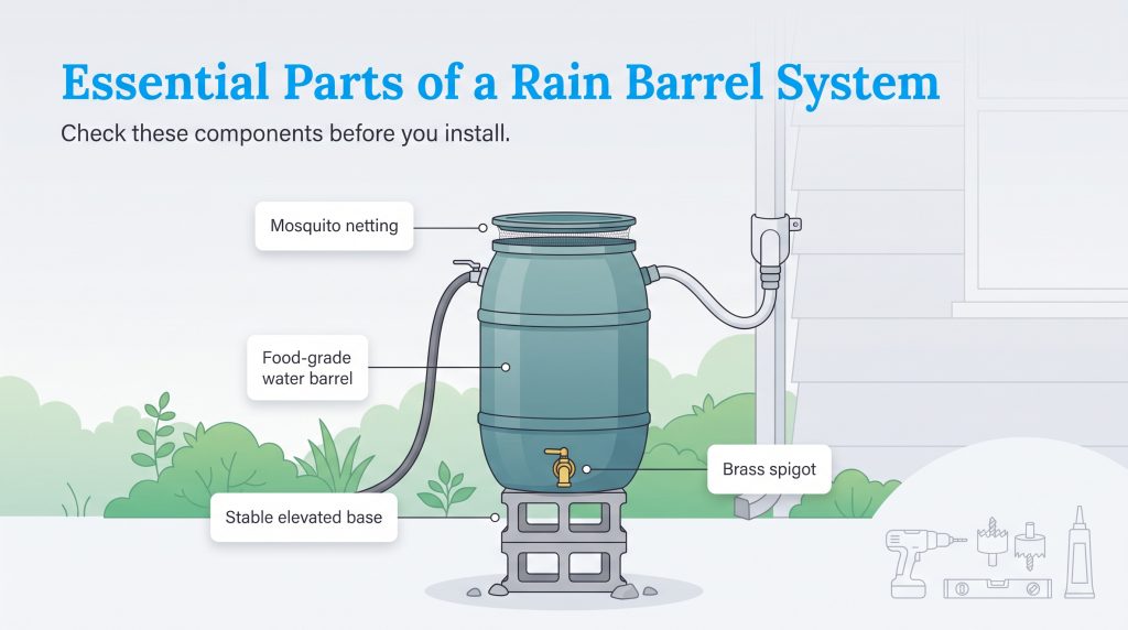 Diagram labeling the essential parts of a residential rain barrel system.