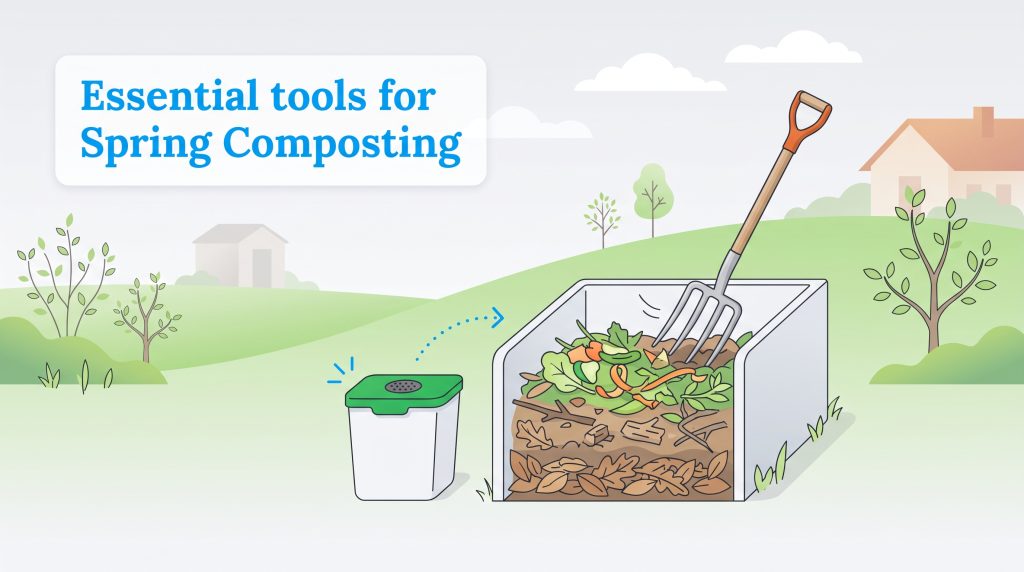 Illustration of a kitchen caddy next to a compost bin with a pitchfork.