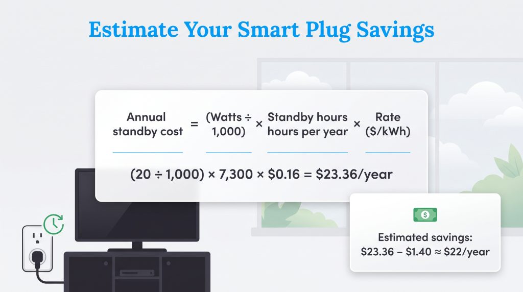 Formula and example for calculating annual energy savings with a smart plug.