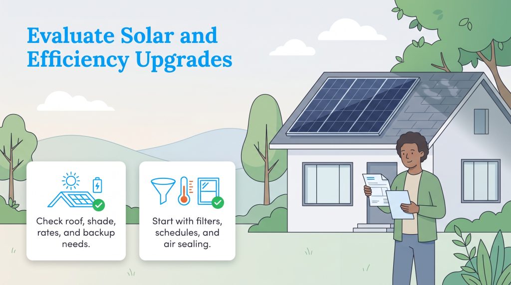 Person reviewing energy documents outside a home with solar panels and efficiency advice.
