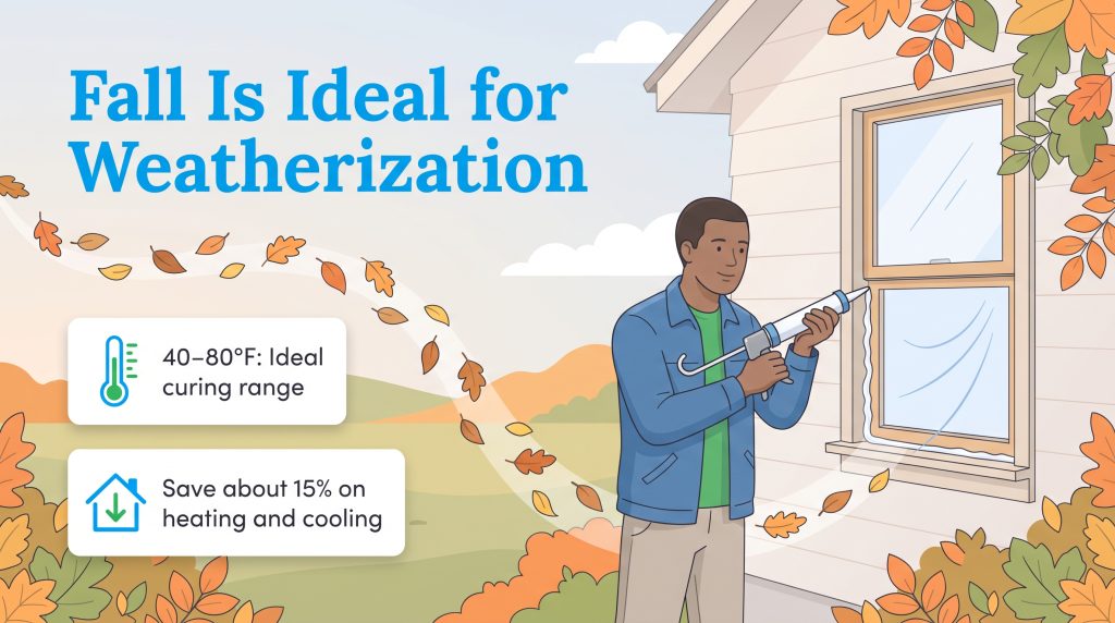 Illustration of a man caulking an exterior window in autumn to prepare for winter.