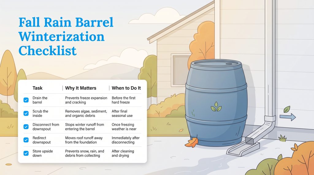 Fall rain barrel winterization checklist with steps for draining, cleaning, and storing.