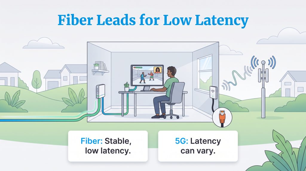Graphic showing fiber internet providing lower and more stable latency than 5G wireless.