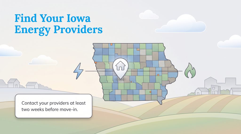 Iowa map showing energy utility service territories with electricity and natural gas icons.