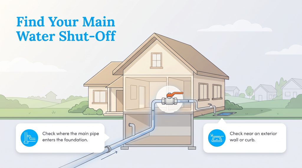 Cutaway diagram of a house showing common main water shut-off valve locations.