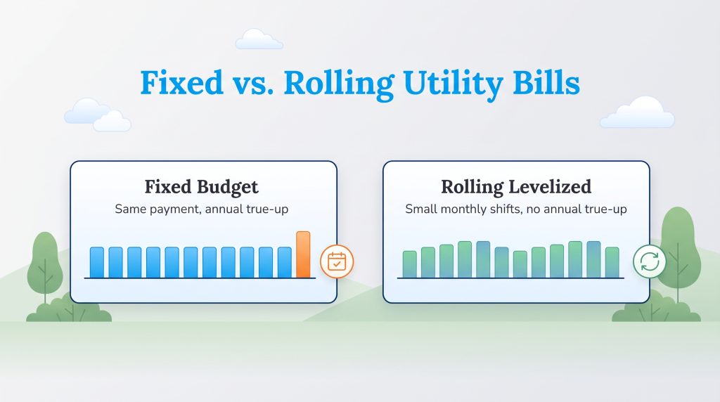 Comparison between fixed budget billing and rolling levelized utility billing.