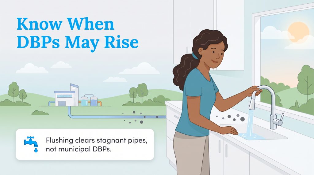 Woman flushing kitchen tap with diagram of water traveling from treatment plant
