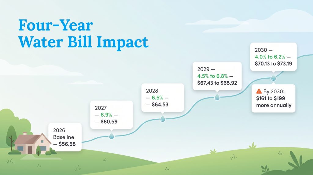 Chart showing projected residential water bill increases from 2026 through 2030.