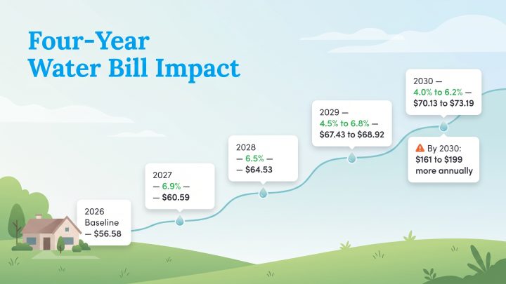Chart showing projected residential water bill increases from 2026 through 2030.