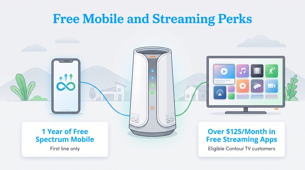 Wi-Fi router connected to a smartphone and smart TV highlighting free mobile and streaming perks.