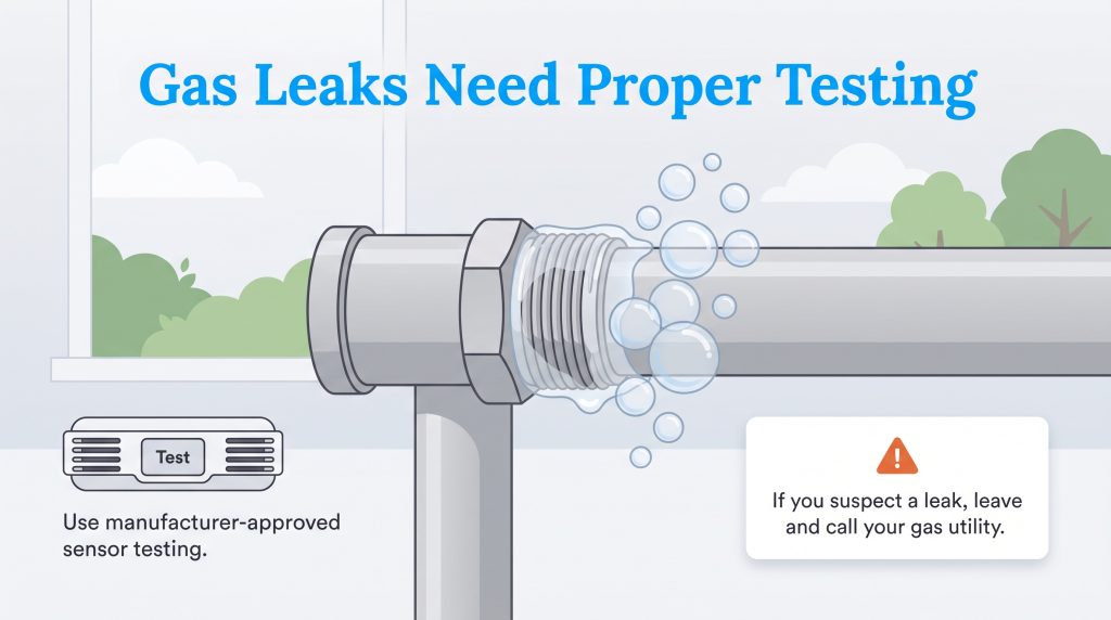 Graphic of soapy water bubbles on a pipe connection to detect a gas leak.