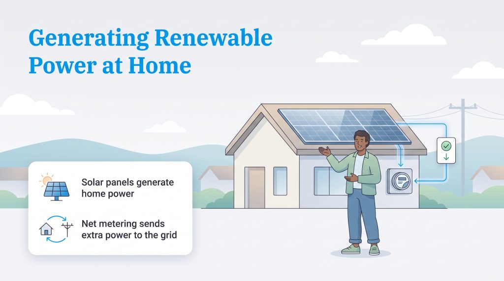 Illustration of a home with solar panels and net metering sending excess power to the grid