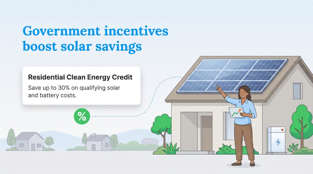 Illustration of a homeowner pointing to roof solar panels, highlighting tax credit savings