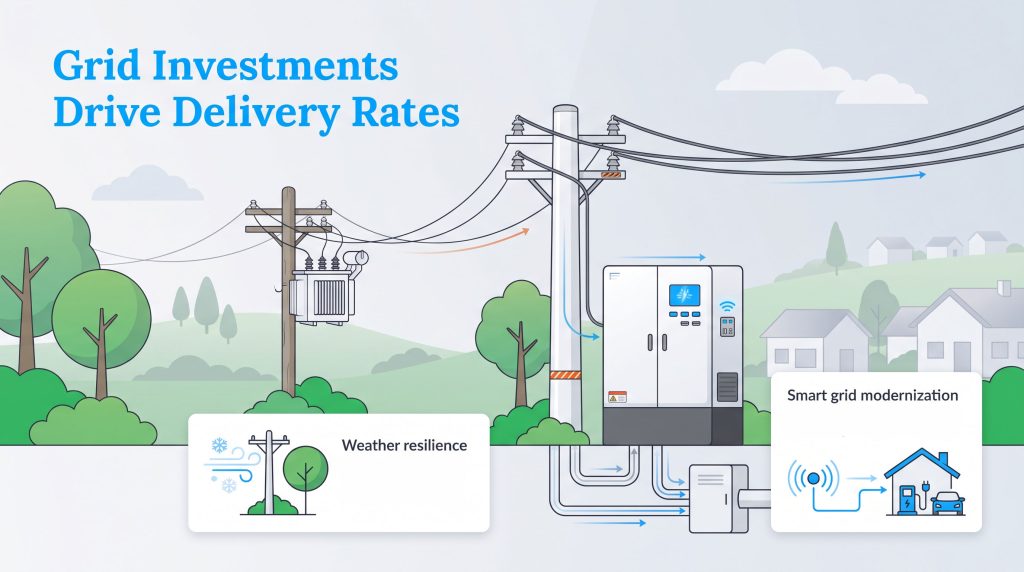 Diagram of electric power lines, smart grid equipment, and modern utility infrastructure.