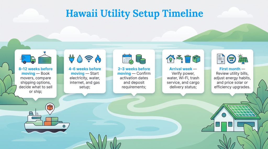 Timeline showing steps to set up utilities before and after moving to Hawaii.