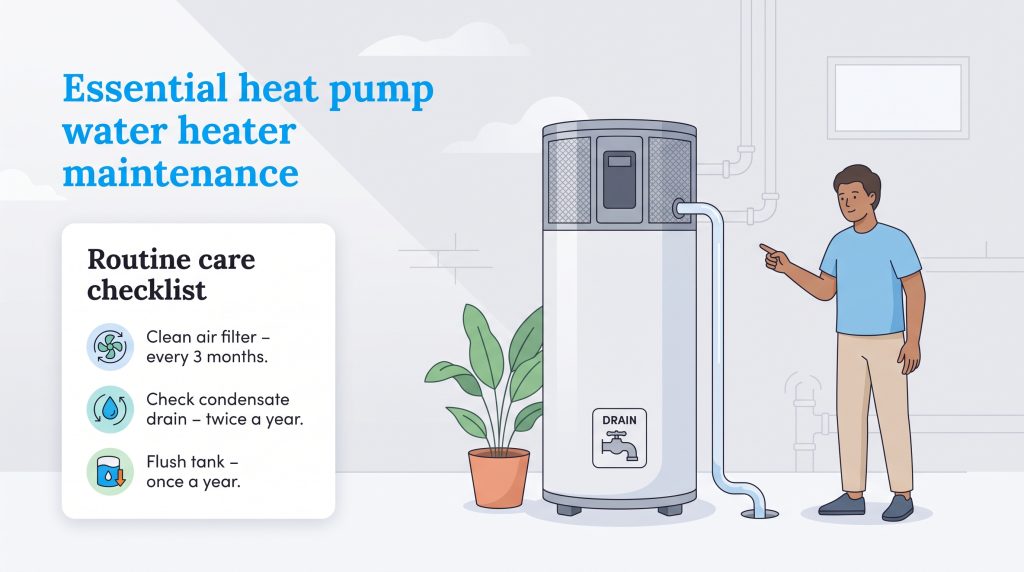 Routine care checklist for hybrid heat pump water heater maintenance with illustrated steps