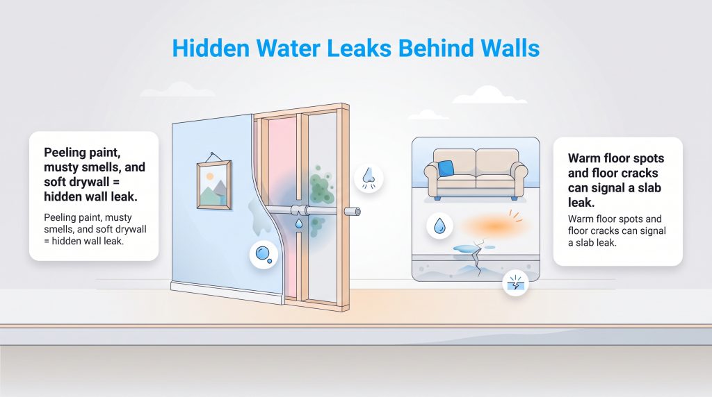 Diagram showing signs of hidden wall water leaks and under-slab foundation leaks