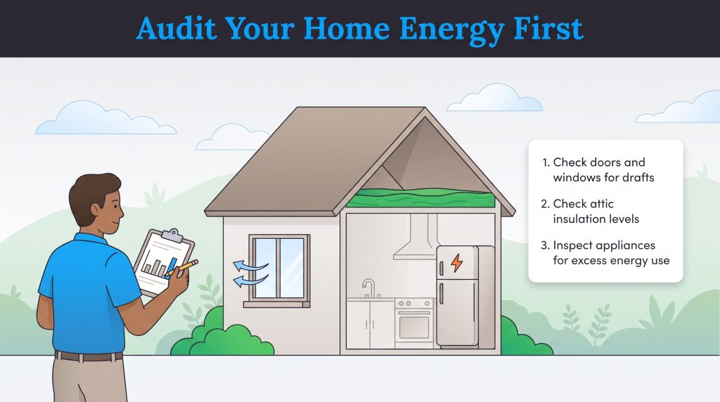 Illustration of a man conducting a home energy audit on a house cross section.