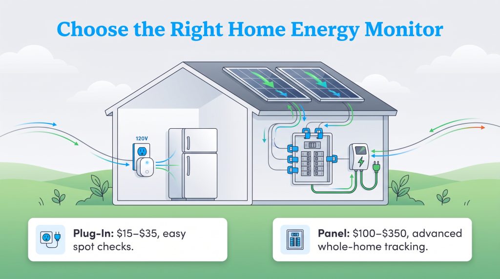 Diagram comparing plug-in energy monitors with breaker panel monitors for whole-home tracking.
