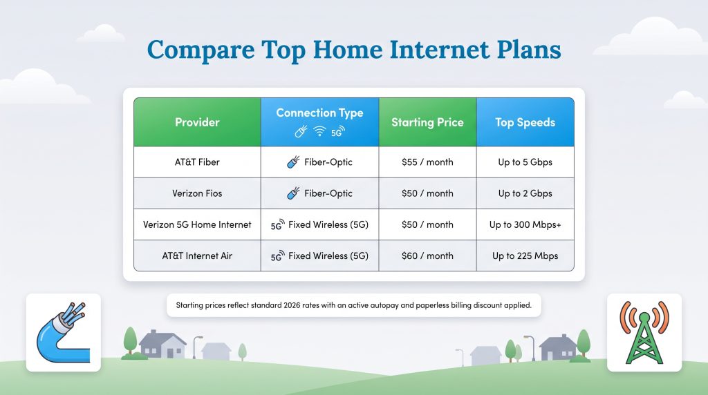 Table comparing starting prices and speeds for fiber-optic and 5G home internet providers.